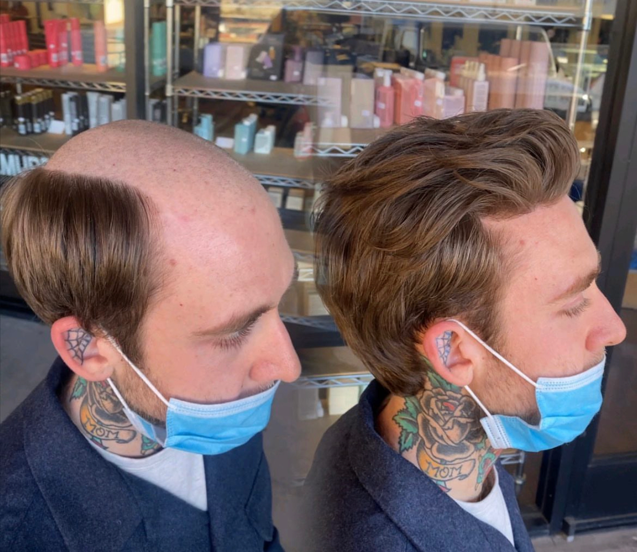 Men's hair system before-and-after result for a consultation at Faded By the Queen